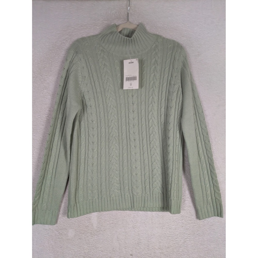 NEW Classic Elements Sweater Women's M Mint Cable Knit Mock Neck Long Sleeve